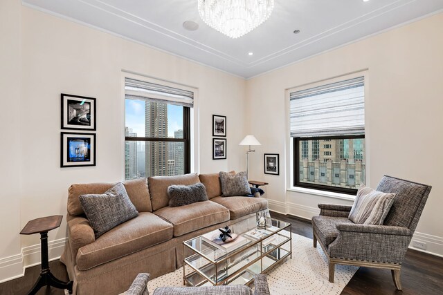 159 E Walton Pl Unit Ph, Chicago, IL 60611 - living area featuring baseboards, dark wood-style flooring, a chandelier, crown molding, and recessed lighting