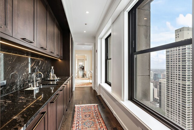159 E Walton Pl Unit Ph, Chicago, IL 60611 - indoor wet bar featuring dark wood-style flooring, crown molding, and decorative backsplash