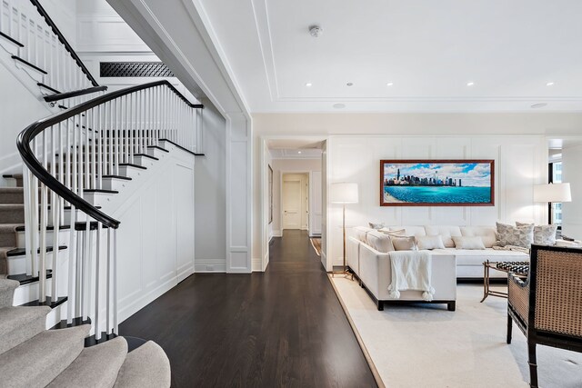 159 E Walton Pl Unit Ph, Chicago, IL 60611 - living room featuring stairs, wood finished floors, and recessed lighting