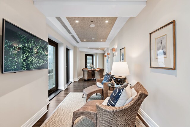 159 E Walton Pl Unit Ph, Chicago, IL 60611 - hall featuring dark wood-type flooring, recessed lighting, a raised ceiling, and baseboards