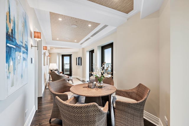 159 E Walton Pl Unit Ph, Chicago, IL 60611 - dining room with baseboards, recessed lighting, a tray ceiling, dark wood finished floors, and ornamental molding