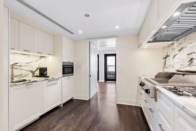 159 E Walton Pl Unit Ph, Chicago, IL 60611 - kitchen with wall chimney range hood, decorative backsplash, stainless steel appliances, dark wood-type flooring, and recessed lighting