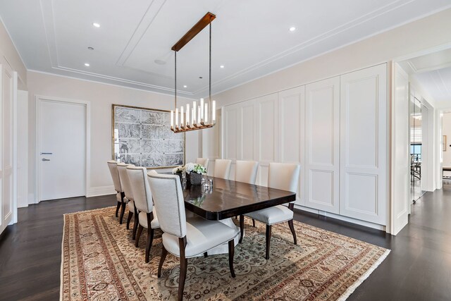 159 E Walton Pl Unit Ph, Chicago, IL 60611 - dining area featuring ornamental molding, dark wood-style floors, recessed lighting, attic access, and baseboards