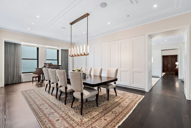 159 E Walton Pl Unit Ph, Chicago, IL 60611 - dining space with crown molding, dark wood-type flooring, and recessed lighting
