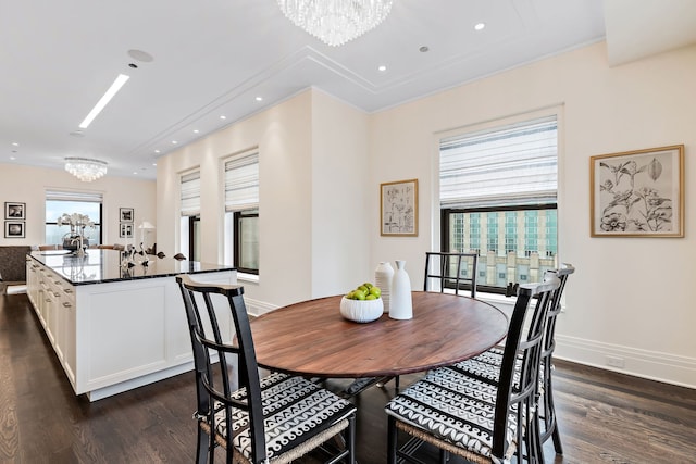 159 E Walton Pl Unit Ph, Chicago, IL 60611 - dining area with a chandelier, dark wood-style flooring, baseboards, and recessed lighting