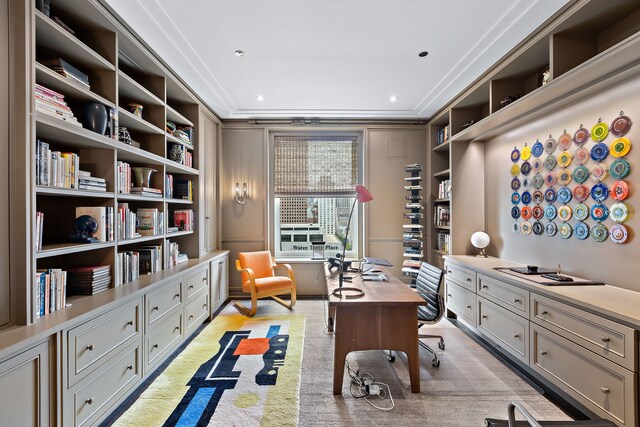 office space featuring recessed lighting and crown molding