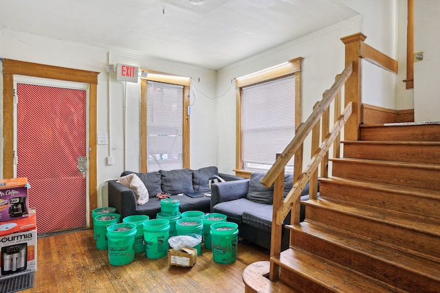 living room featuring crown molding and wood-type flooring