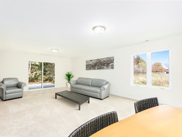 living room featuring light carpet and a healthy amount of sunlight