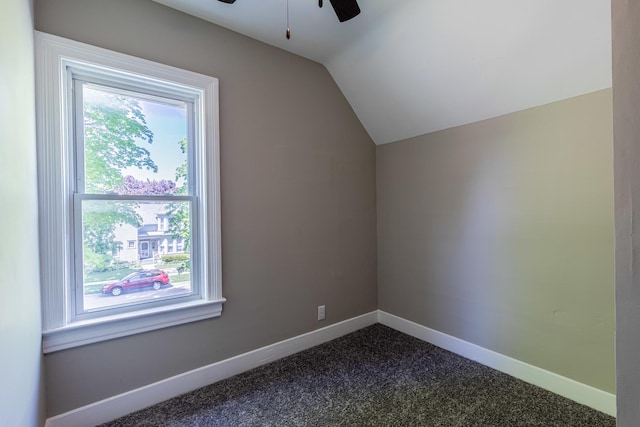 1011 5th St, Mendota, IL 61342 - bonus room featuring a ceiling fan, lofted ceiling, dark carpet, and baseboards