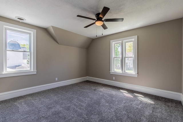 1011 5th St, Mendota, IL 61342 - additional living space featuring carpet flooring, baseboards, ceiling fan, lofted ceiling, and a textured ceiling
