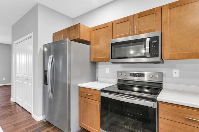 kitchen with stainless steel appliances and dark hardwood / wood-style floors