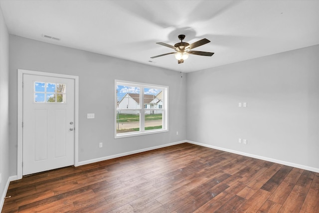 entrance foyer featuring ceiling fan and dark hardwood / wood-style flooring