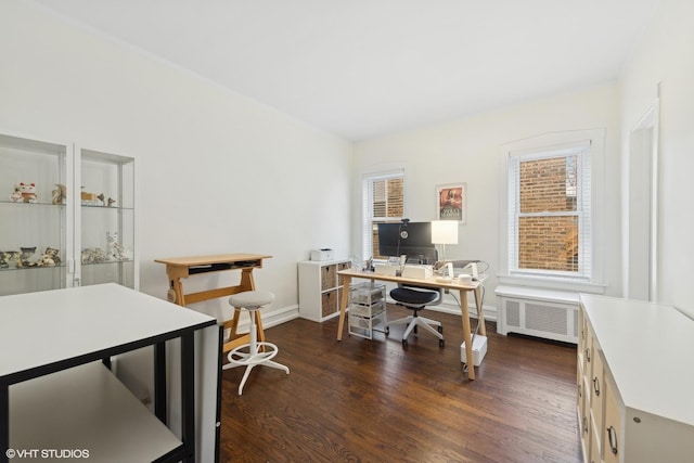 office space featuring dark hardwood / wood-style flooring and radiator