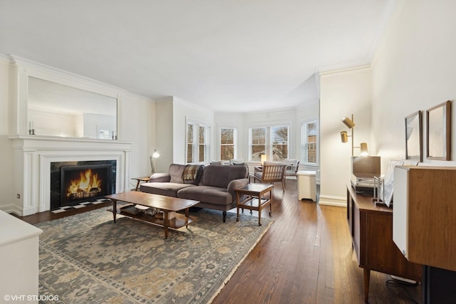 living room with a premium fireplace, dark hardwood / wood-style floors, and ornamental molding