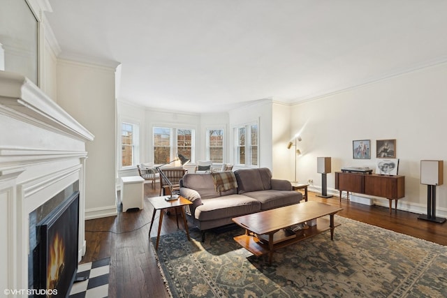 living room with crown molding and dark wood-type flooring