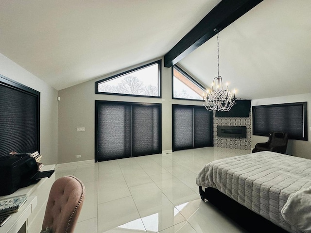 36W461 Binnie Rd, Dundee, IL 60118 - tiled bedroom featuring a chandelier and lofted ceiling with beams