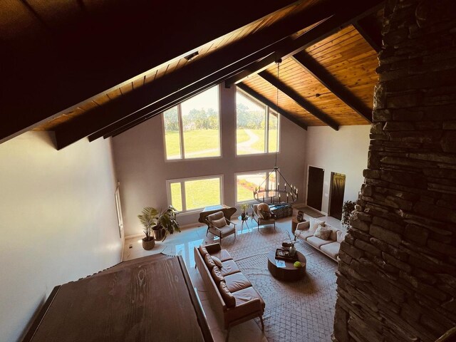 36W461 Binnie Rd, Dundee, IL 60118 - living room featuring beam ceiling, high vaulted ceiling, and wooden ceiling