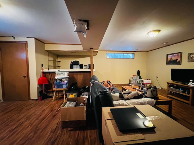 living room with dark hardwood / wood-style floors