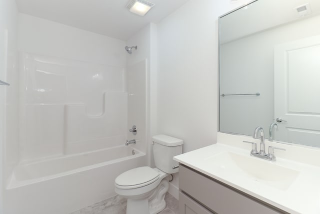 full bathroom with tile floors, toilet, washtub / shower combination, and vanity