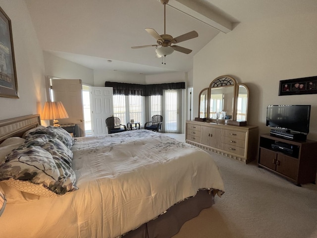 bedroom featuring high vaulted ceiling, light colored carpet, a ceiling fan, and beam ceiling