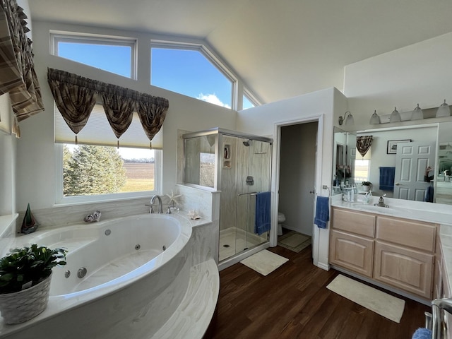 bathroom featuring toilet, a jetted tub, wood finished floors, vanity, and a stall shower