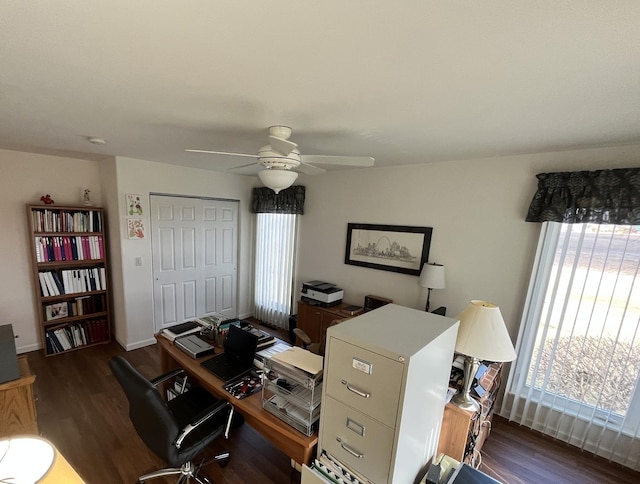 home office featuring a ceiling fan and wood finished floors