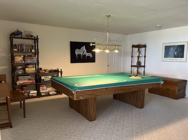 game room featuring billiards and light carpet