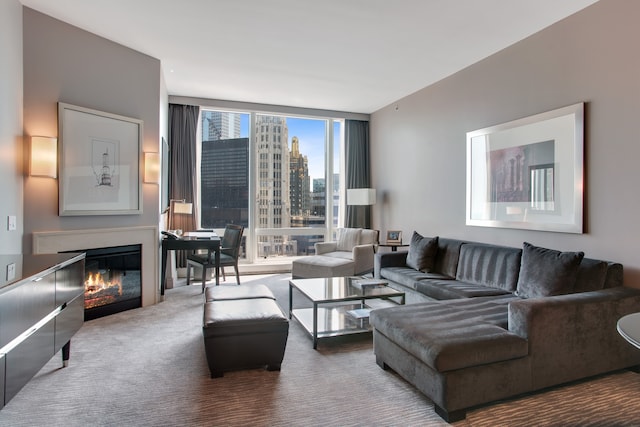 carpeted living room with expansive windows