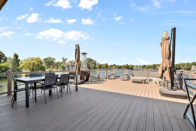 wooden terrace featuring a water view