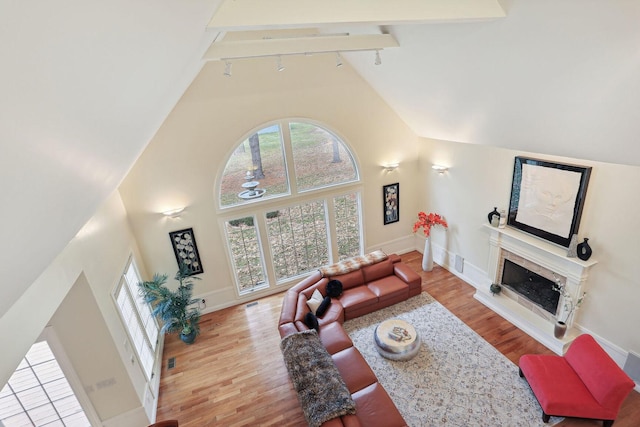 living room with track lighting, a premium fireplace, high vaulted ceiling, and light hardwood / wood-style flooring