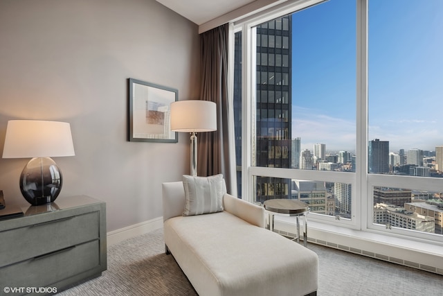 living area with expansive windows and carpet