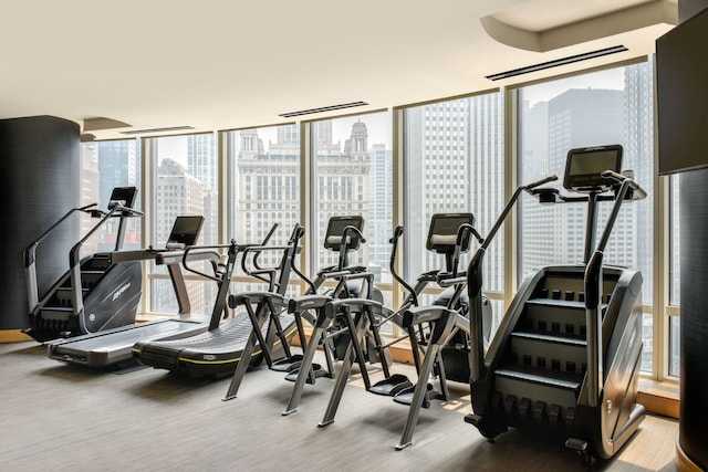 exercise room with floor to ceiling windows