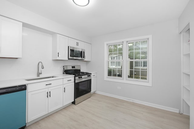 kitchen featuring white cabinets, stainless steel appliances, light hardwood / wood-style floors, and sink