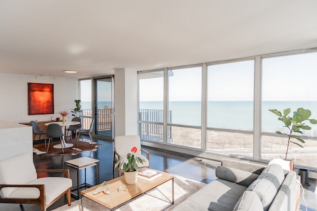 living room featuring a water view, a healthy amount of sunlight, and a wall of windows