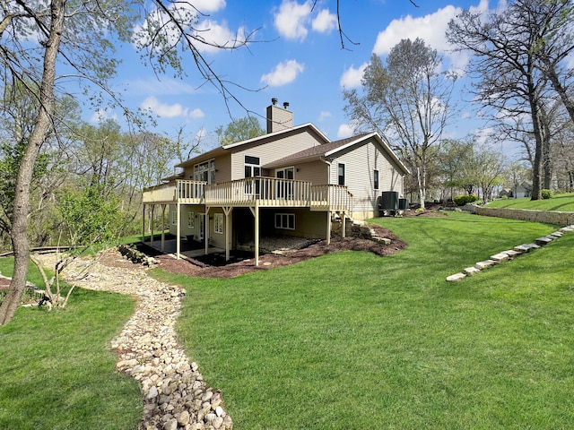 rear view of house featuring a wooden deck and a lawn