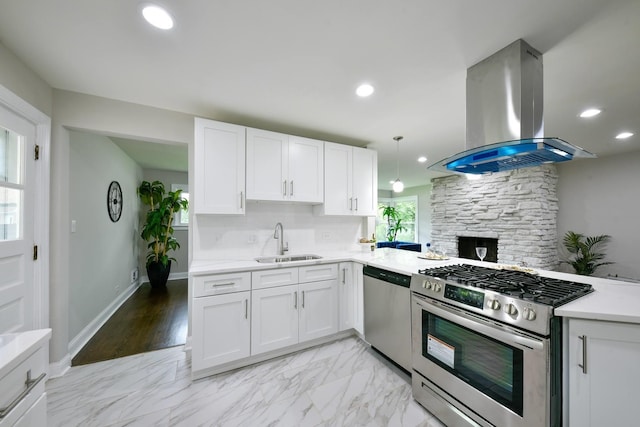 kitchen featuring stainless steel appliances, island exhaust hood, tasteful backsplash, and light tile floors