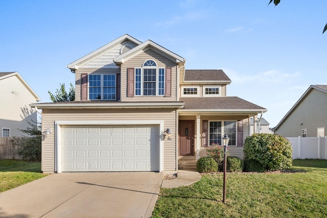 view of front of house featuring a front lawn and a garage