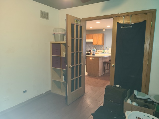 bedroom featuring dark wood-type flooring and sink