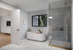 bathroom featuring separate shower and tub and hardwood / wood-style floors