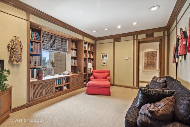 living area featuring light carpet, built in features, and ornamental molding