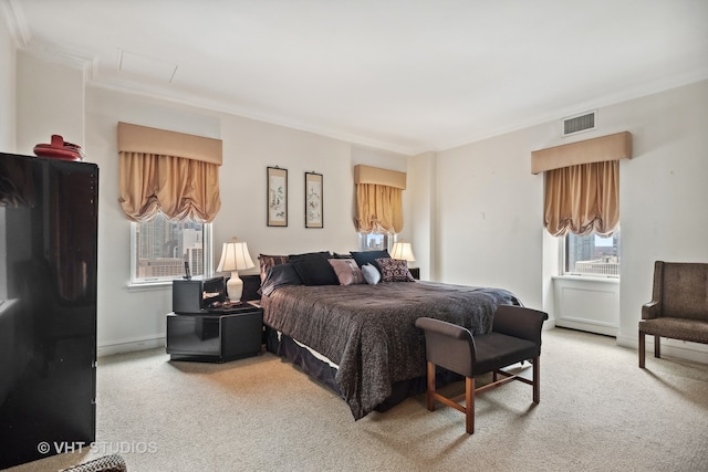 carpeted bedroom with multiple windows and crown molding