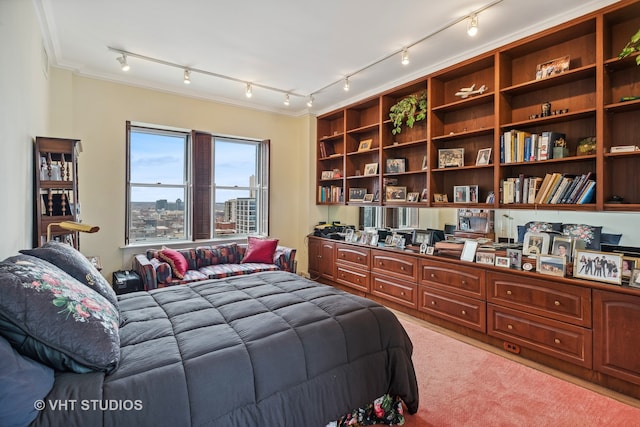 carpeted bedroom featuring rail lighting and ornamental molding