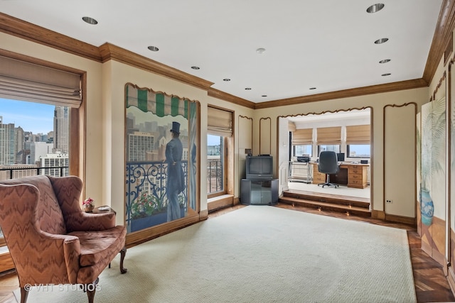 sitting room with dark parquet flooring and ornamental molding