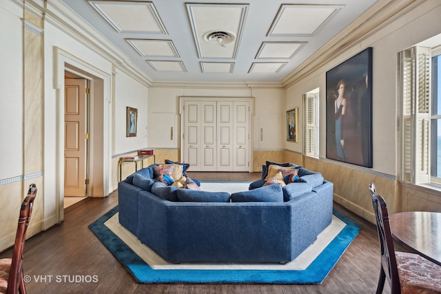 living room with dark hardwood / wood-style floors