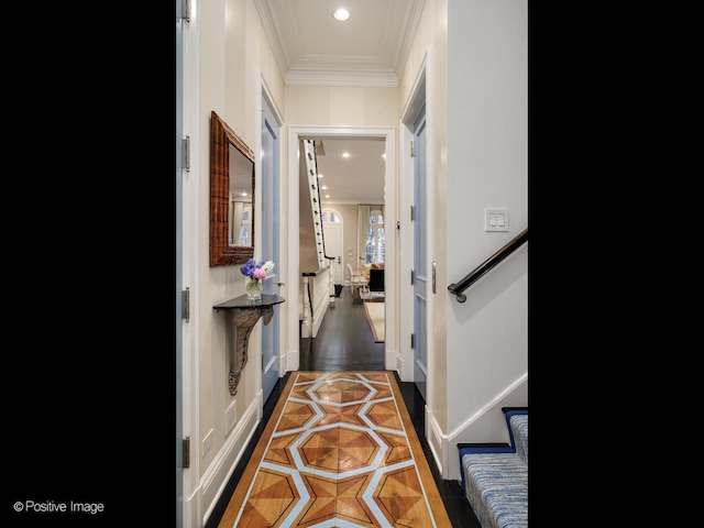 corridor featuring hardwood / wood-style floors and ornamental molding