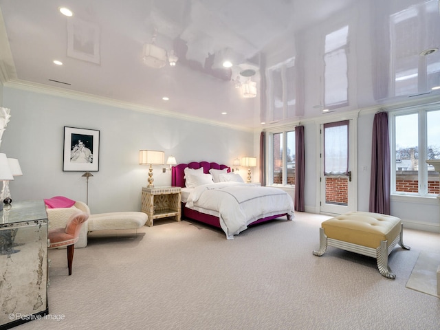 bedroom with crown molding, light carpet, and multiple windows