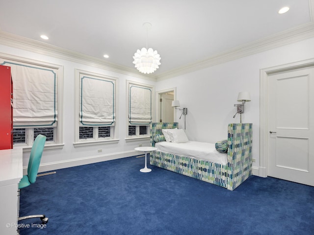 carpeted bedroom with ornamental molding