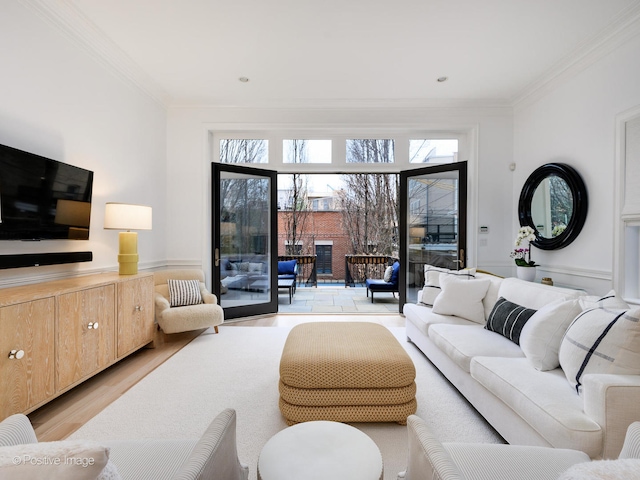 living room featuring crown molding and light hardwood / wood-style flooring