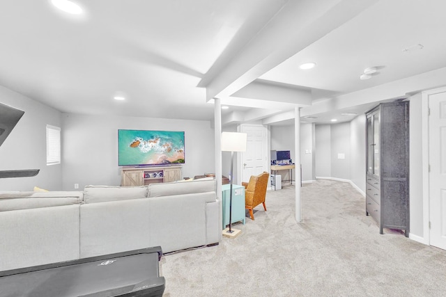 living area featuring light carpet, baseboards, and recessed lighting