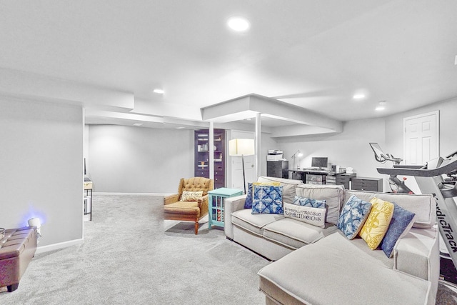 living room with baseboards, carpet flooring, and recessed lighting